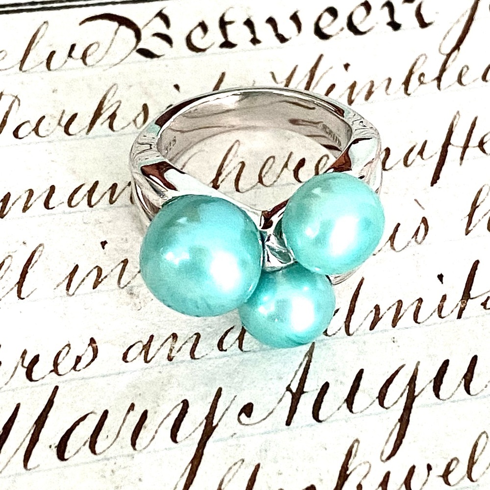 Stunning Aqua Teal Blue Opalescent 3 Pearl Sterling Silver 925 Ring Size 5